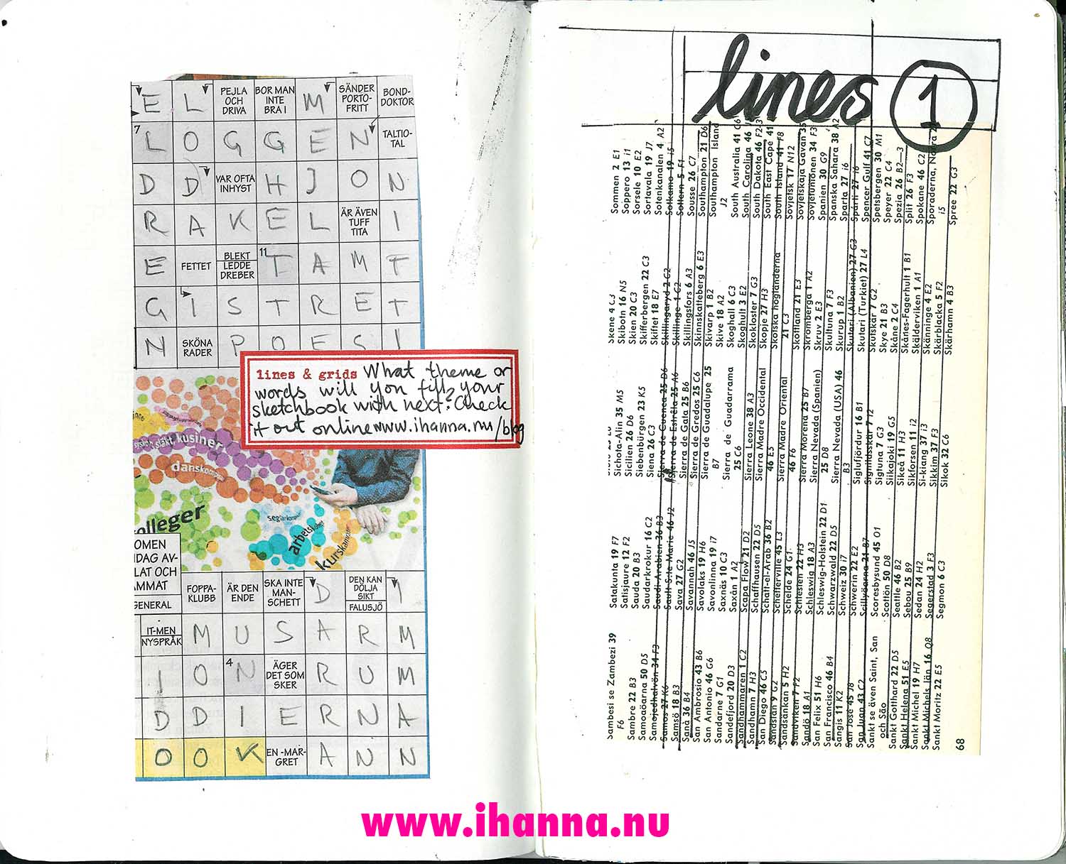 Underlining and cross word grids in a sketchbook (Copyright Hanna Andersson)