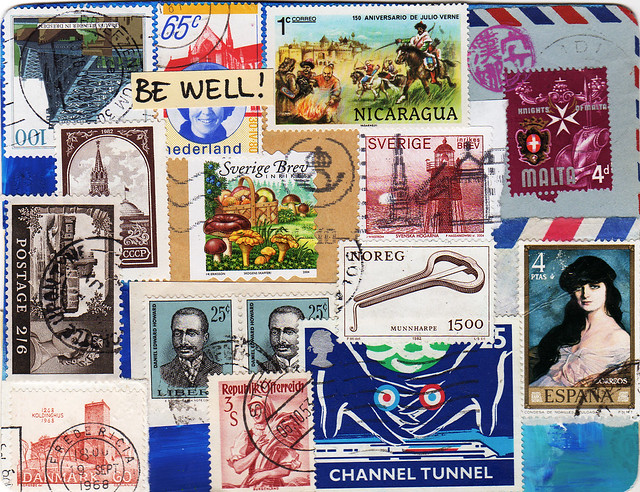 Cancelled postal stamp collage Meta Postcard #10 by iHanna for iHanna DIY Postcard Swap 2012 (Copyright Hanna Andersson)