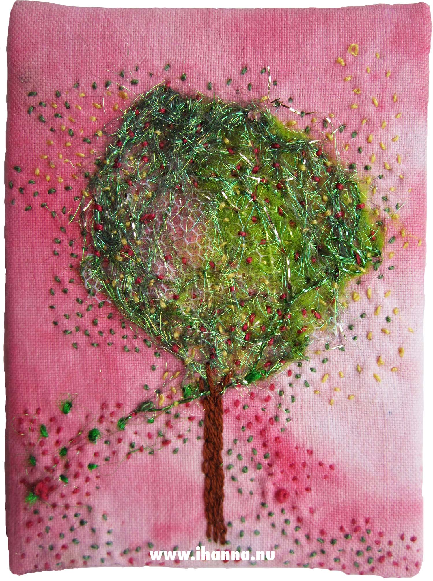 The third mixed media embroidered tree ATC with angelina fibers by iHanna (Copyright Hanna Andersson)
