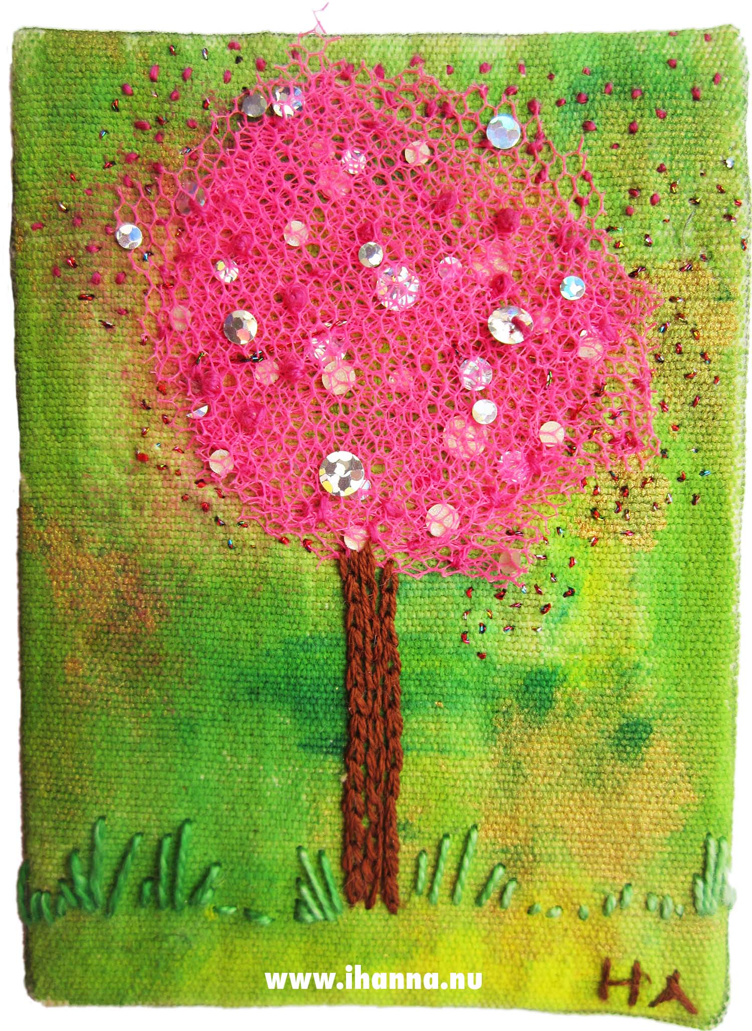 The pink spring tree embroidery ATC by iHanna (Copyright Hanna Andersson)