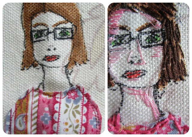 Self portait on fabric ATC - sketch + detail with embroidery (Copyright Hanna Andersson)