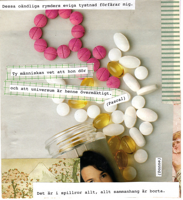 Art journaling on loose papers to bind later on: take your pills and don't be so sad (Copyright H. Andersson)