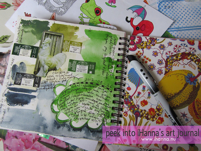 Peek into iHanna's art journal: green test page as I am colour testing the Artists' Watercolour green pans (Copyright Hanna Andersson)