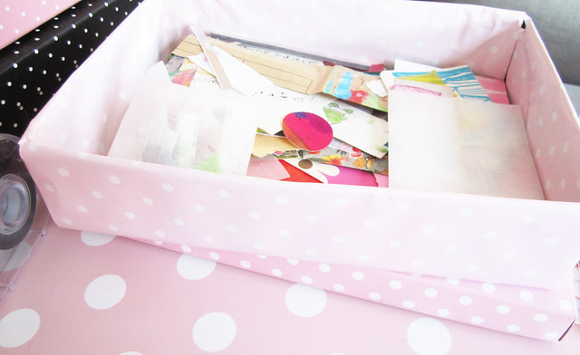 Sorting for inspiration New Scrap Inbox with pink polka dot wrapping paper cover (Copyright H. Andersson)
