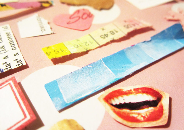 Bits that smile sorting scraps from the Scrap Inbox with pink polka dot wrapping paper cover (Copyright H. Andersson)