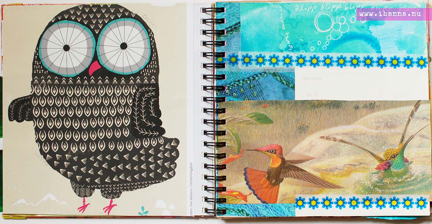 Spread of owl in smArt (small art) Journal vol 1 by iHanna - (Copyright Hanna Andersson)
