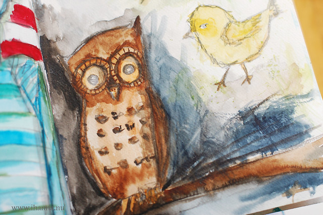 Owl drawing close up in art journal (Copyright Hanna Andersson)