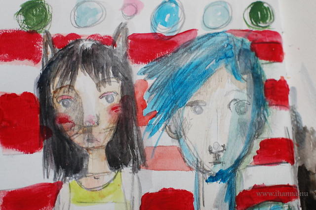 Friends with stripes and dots close up in art journal (Copyright Hanna Andersson)