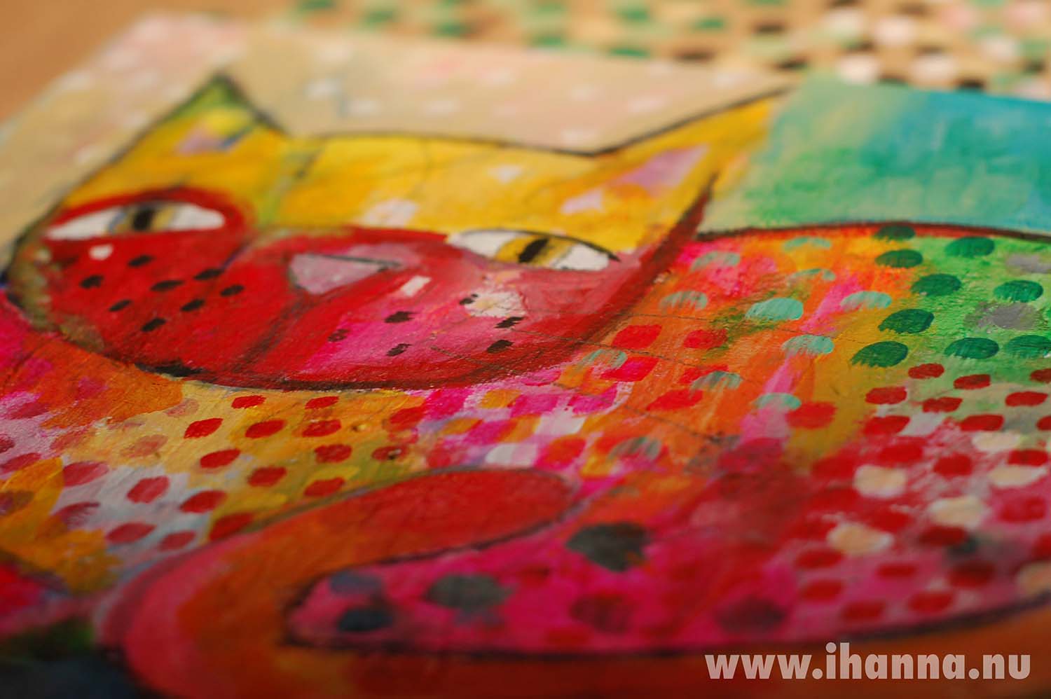 Rainbow cat painting sideview on canvas, by iHanna 2013 (Copyright Hanna Andersson)