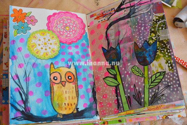 Art Journal Spread: Owl and blue tulips by iHanna  (Copyright Hanna Andersson) 
