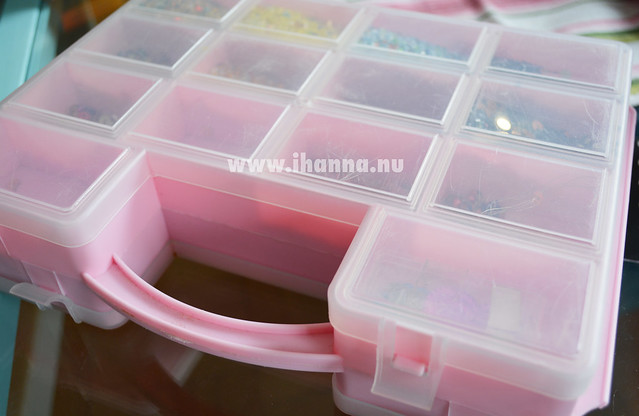A Pink bead box with two sides and a handle where I keep small seed beads sequins and glass beads (Photo copyright Hanna Andersson)
