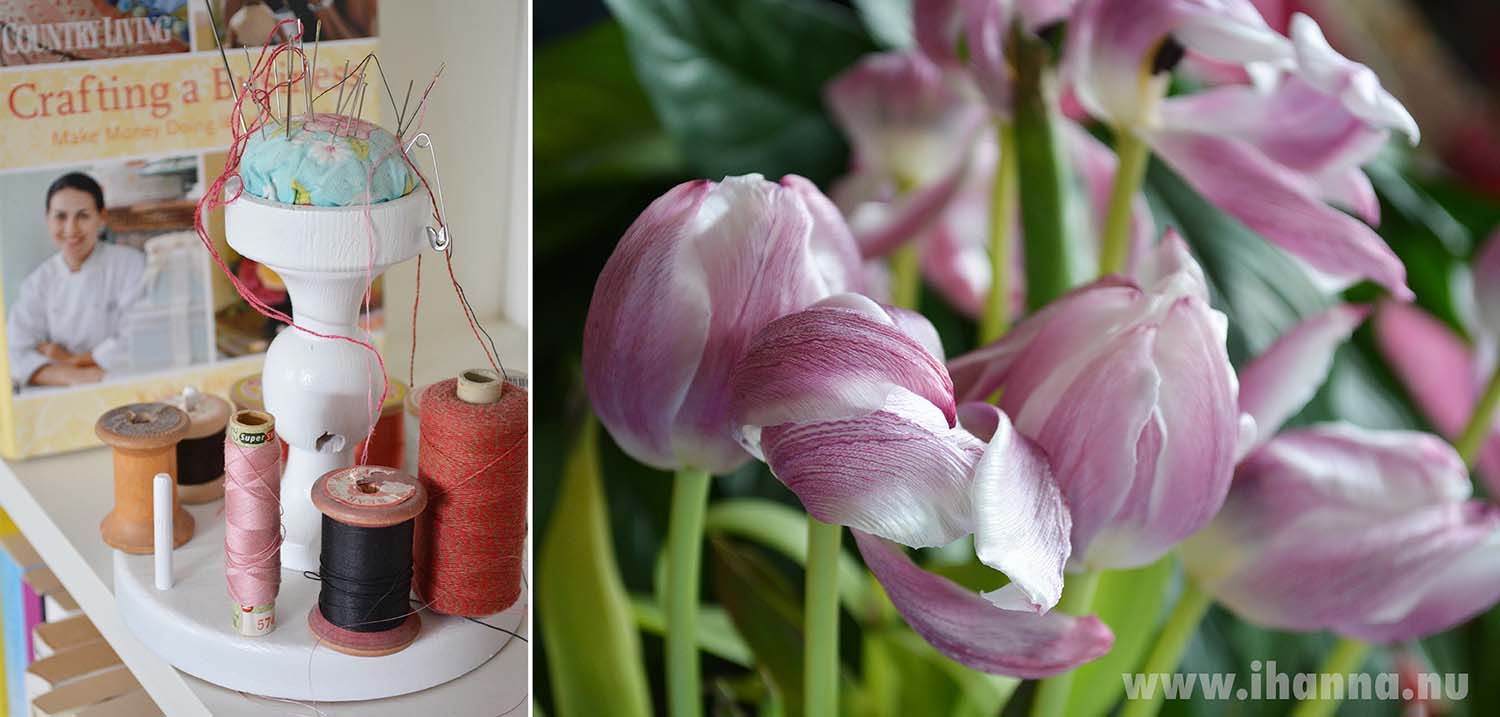 Wooden needle holder in the bookshelf and some tulips  (Photo copyright H. Andersson)