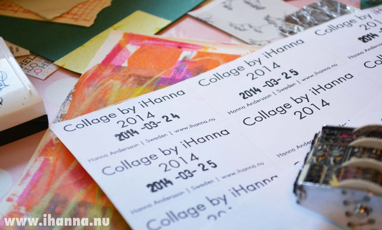 Print your own Sticker Labels - Collage labels printed and stamped for artwork backsides on paper, made by iHanna 2014 (Copyright Hanna Andersson)