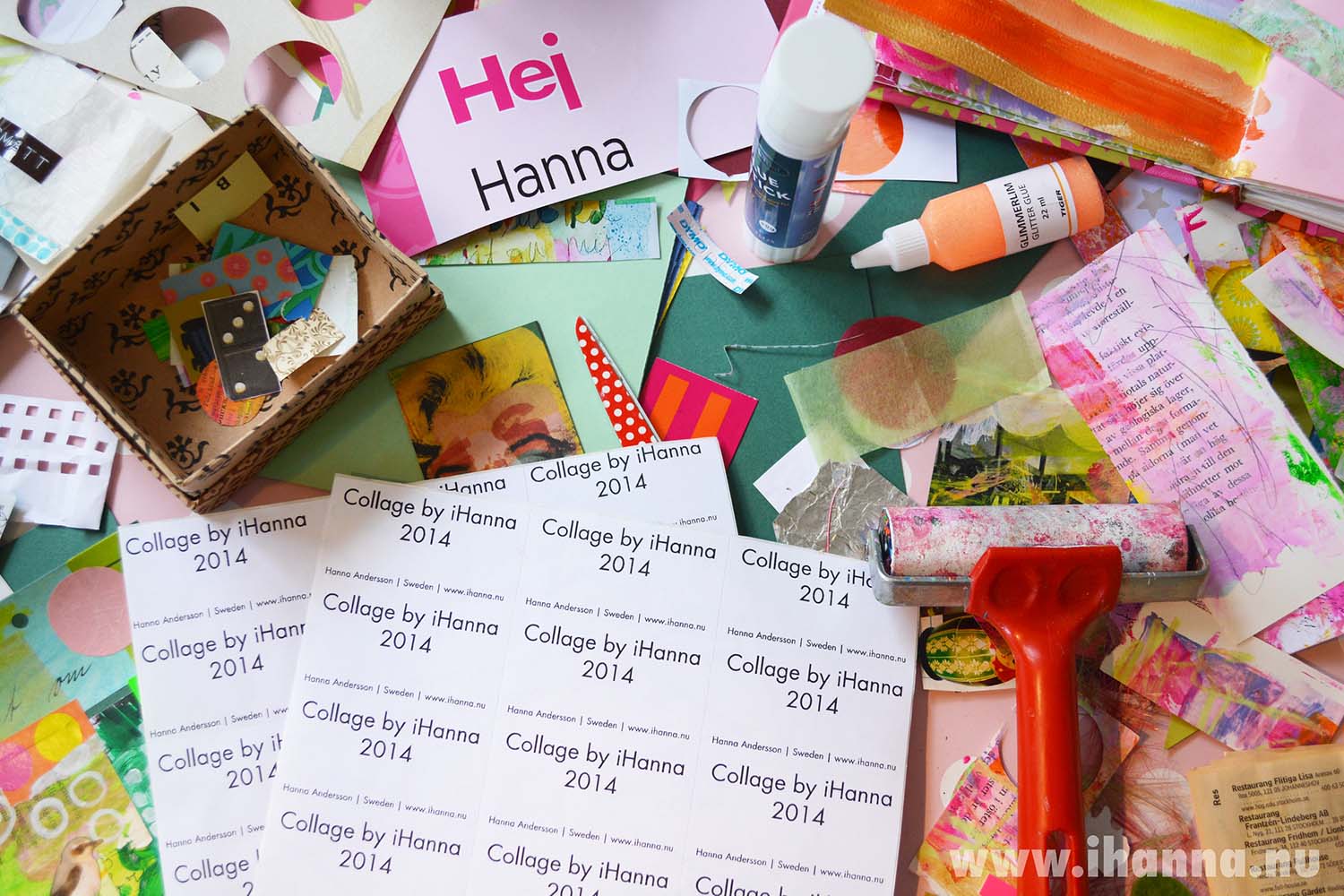 Collage labels on messy desk for artwork backsides on paper, made by iHanna (Copyright Hanna Andersson)