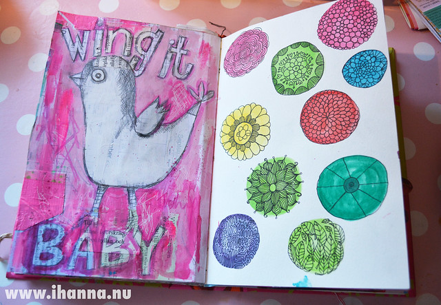 Art Journal spread and peek: Wing it drawing by iHanna (Copyright Hanna Andersson])