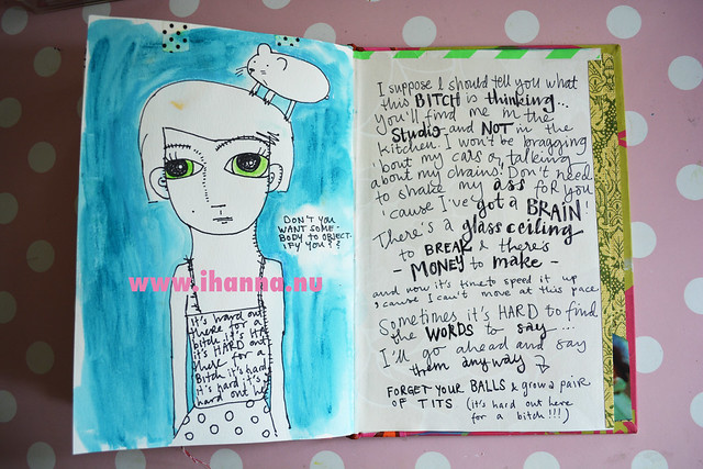 Art Journal spread of Me and Santie the hamster selfie and handwriting by iHanna, lyrics by Lily Allen (Copyright Hanna Andersson)