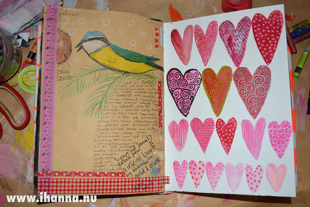 Finished Art Journal spread: Talgoxe och hjärtan i min kreativa dagbok (Copyright Hanna Andersson)