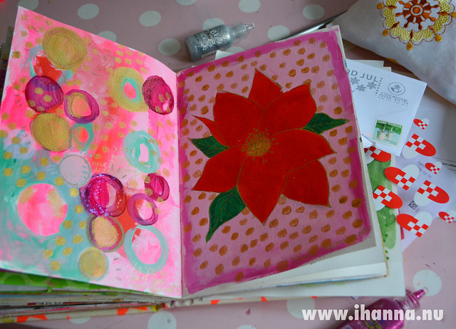 Art Journal spread painted with acrylics: Season Greetings from iHanna to you guys (Copyright H. Andersson)