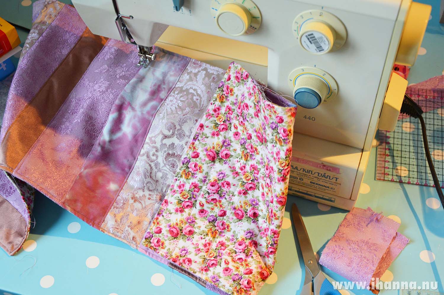 Sewing scraps together to make a purple table runner for a friend, photo and sewing by iHanna #quilting