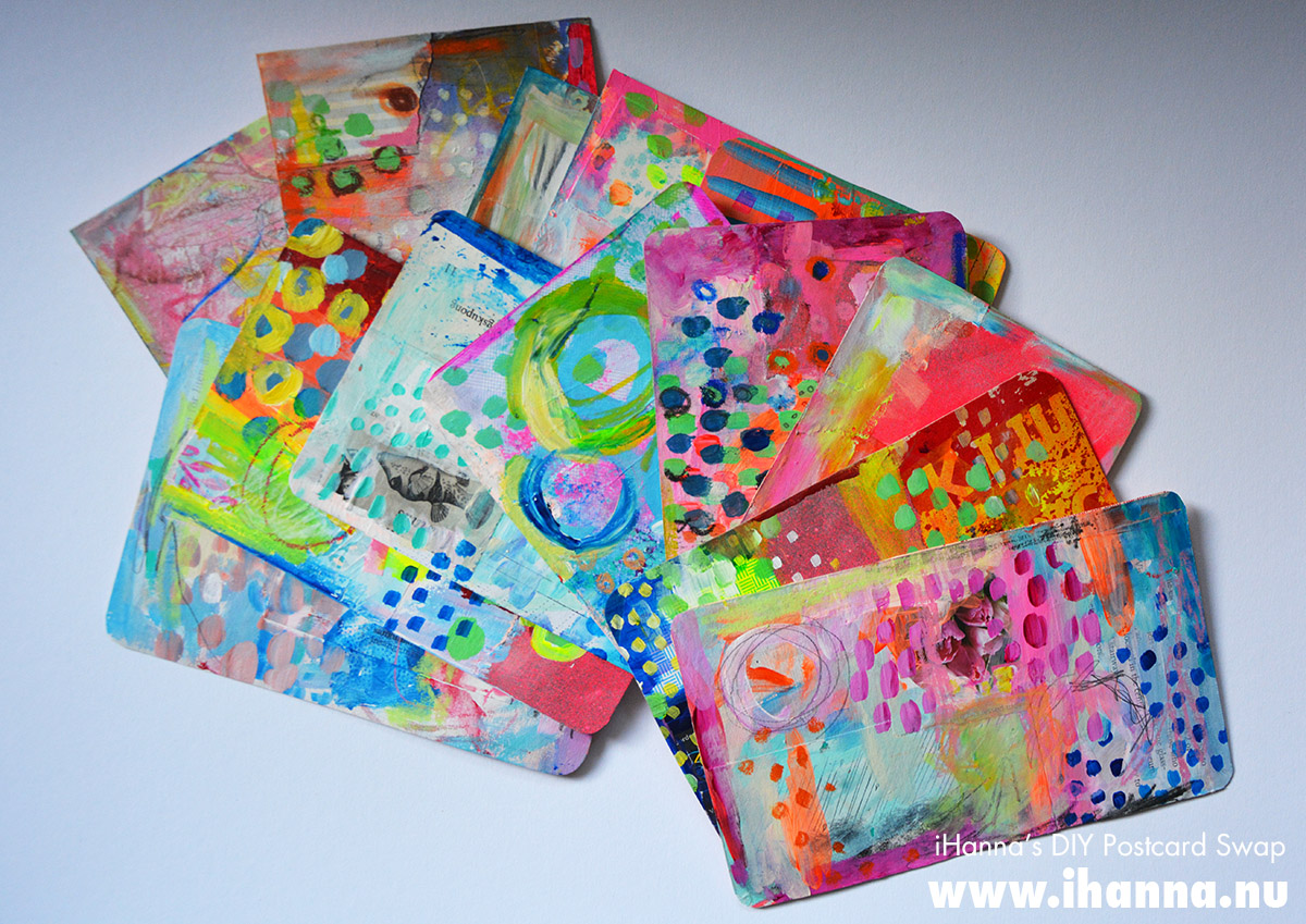 The pile of Mixed Media Painted Postcards by iHanna of www.ihanna.nu #diypostcardswap