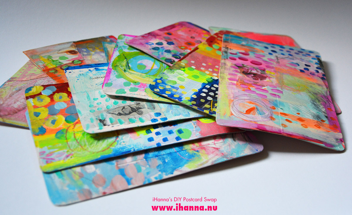 The pile of Mixed Media Painted Postcards by iHanna of www.ihanna.nu #diypostcardswap