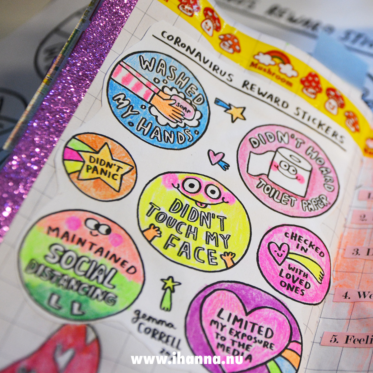 Coronavirus Sticker Rewards drawn by Gemma Correll and colored in neon pencils by iHanna aka Hanna Andersson