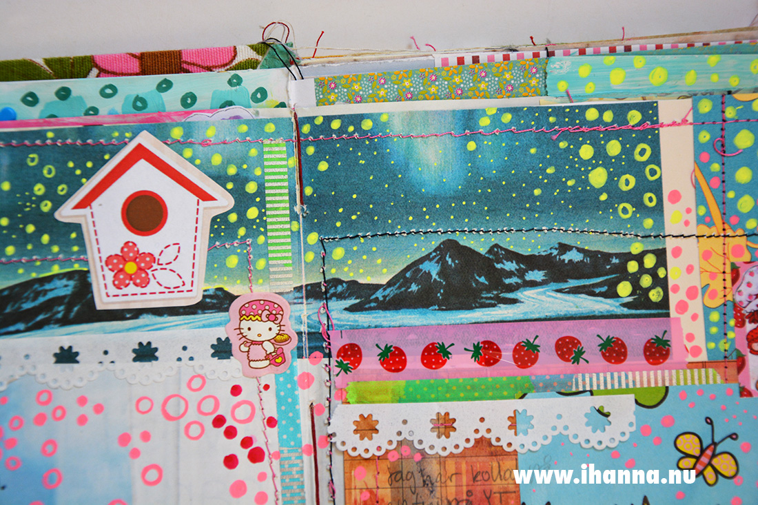 Junk journal spread detail with doodled neon stars and strawberry deco tape - by iHanna