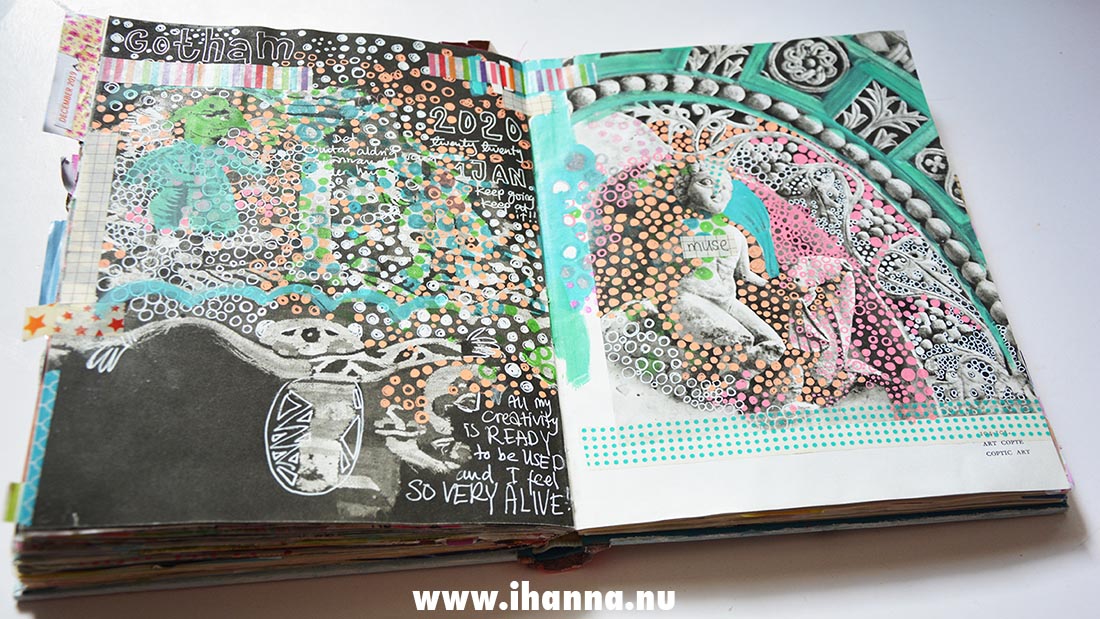 Art journal doodle in altered book by artist Hanna Andersson, aka iHanna