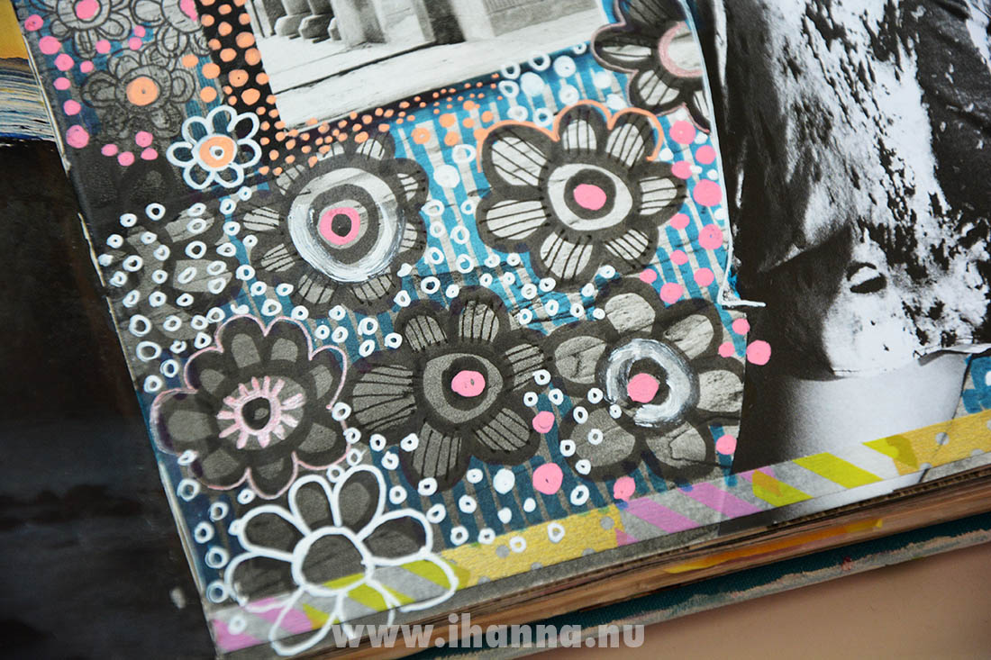 Flower doodles in altered book on photo by Swedish artist Hanna Andersson aka iHanna