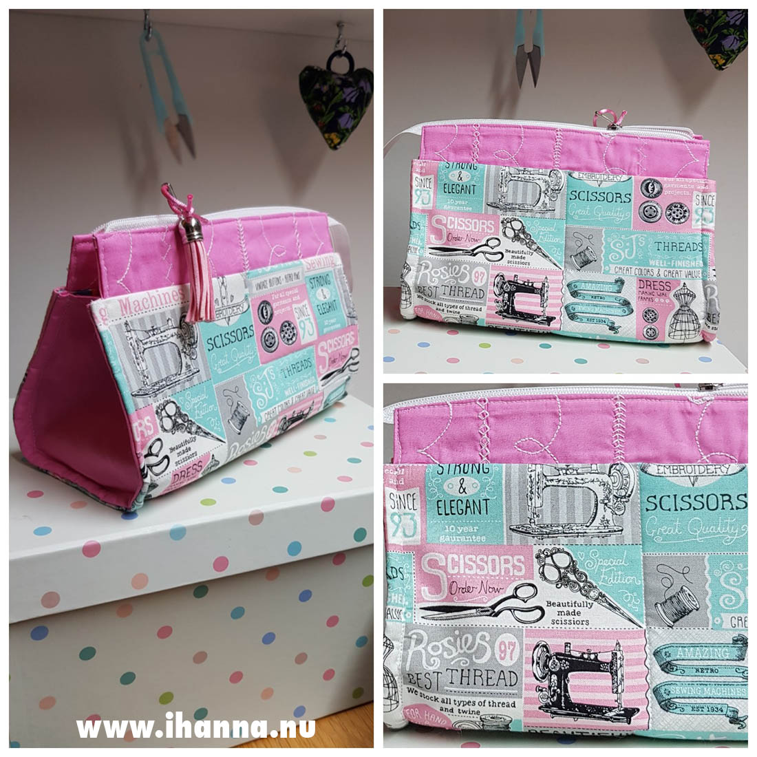 Moms sewing fabric pouch in pink and turquoise - photo copyright Hanna Andersson