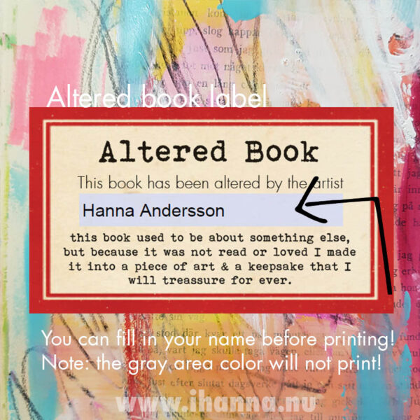 Altered book label with sellers name filled in as an example