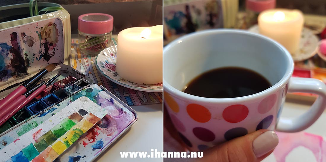 Coffee, watercolors, and candles for a Fill a tiny journal Friday session at my desk #fillatinyjournal