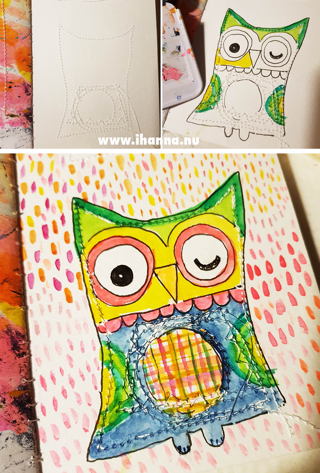 Owl drawing inside the sewn lines on the backside of this page #fillatinyjournal 