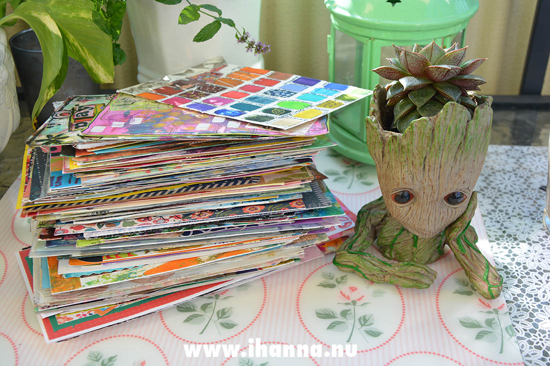 Groot pot and DIY Postcard Pile on the balcony