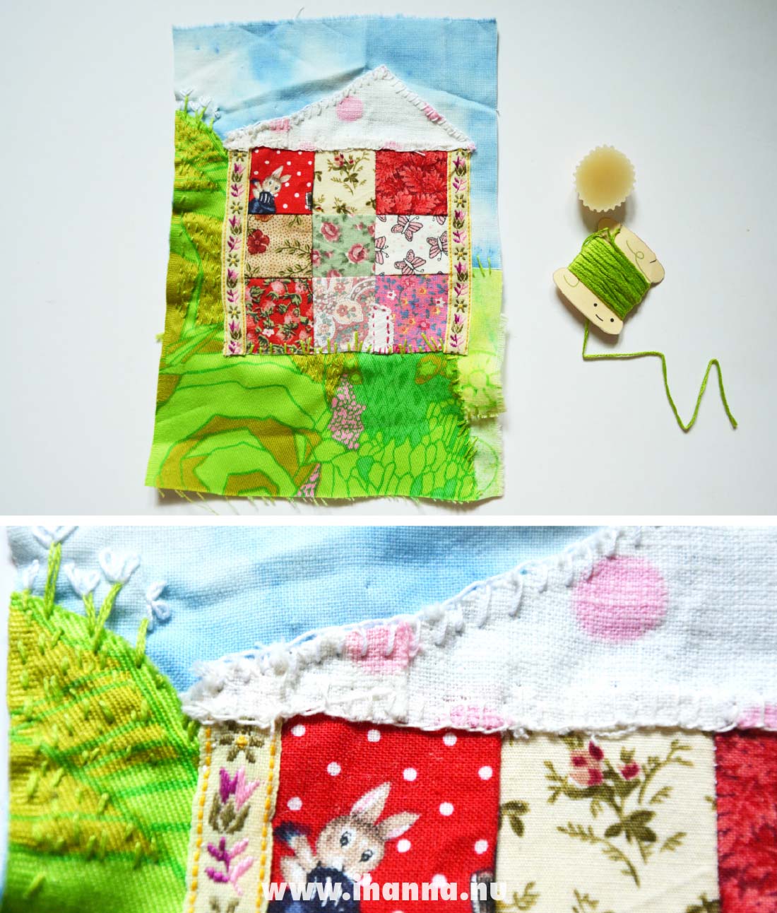 Textile book page with the theme old quilt & country cottage, made by iHanna