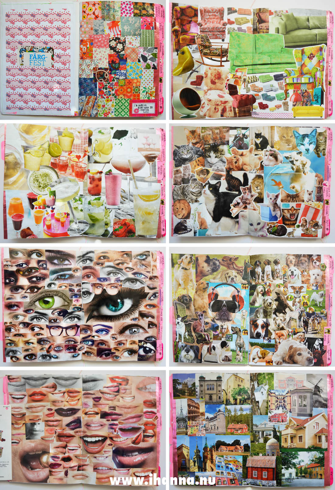 8 full spreads from iHannas En Masse Glue Book with magazine collage by Hanna Andersson