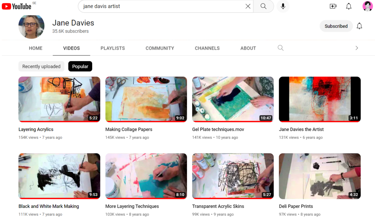 Jane Davies popular videos on making collage papers, layering, painting with acrylics, mark making - and more
