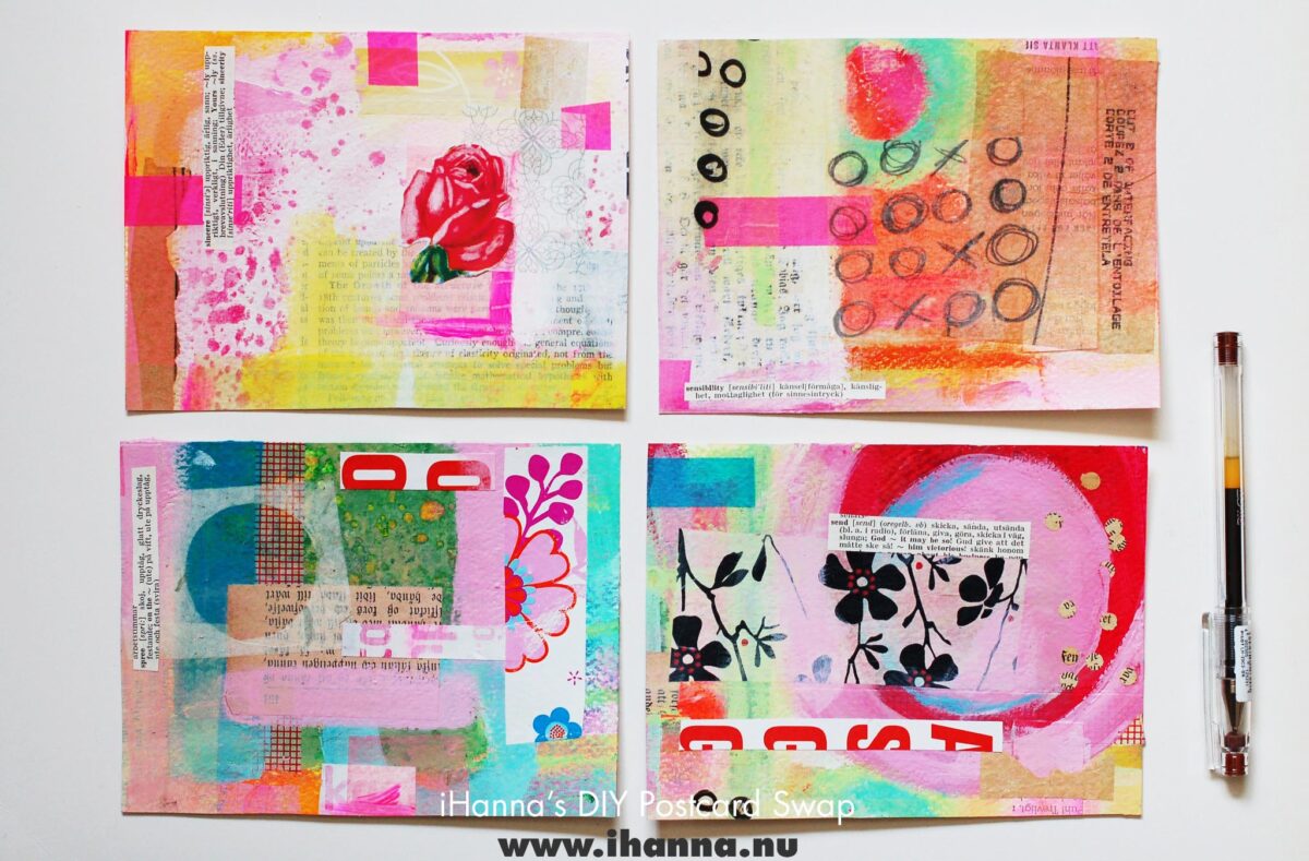 Mixed media postcards made by iHanna for the DIY Postcard Swap