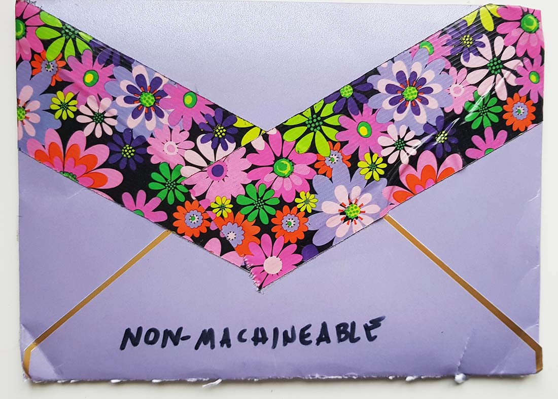 Purple non machinable envelope sent by Karen M in New Orleans, US for the iHanna DIY Postcard Swap
