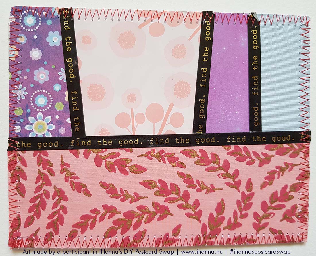 Find the Good sewn edge DIY Postcard made by Louise, a participant in iHannas DIY Postcard Swap 2023