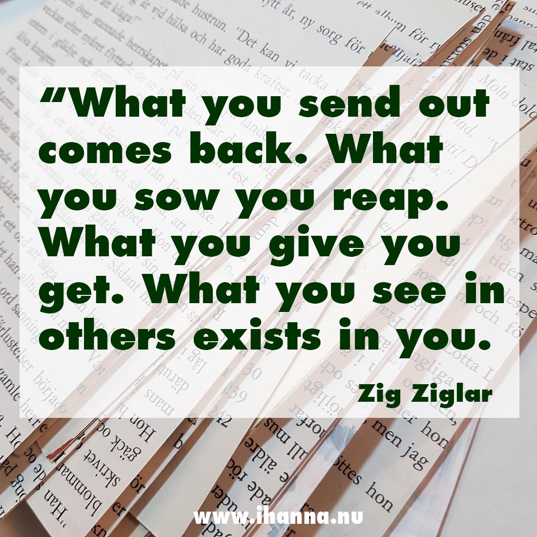 Life is an echo. What you send out comes back. What you sow you reap. What you give you get. What you see in others exists in you. Regardless of who you are or what you do, if you are looking for the best way to reap the most reward in all areas of life, you should look for the good in every person and in every situation and adopt the golden rule as a way of life. /Zig Ziglar quote