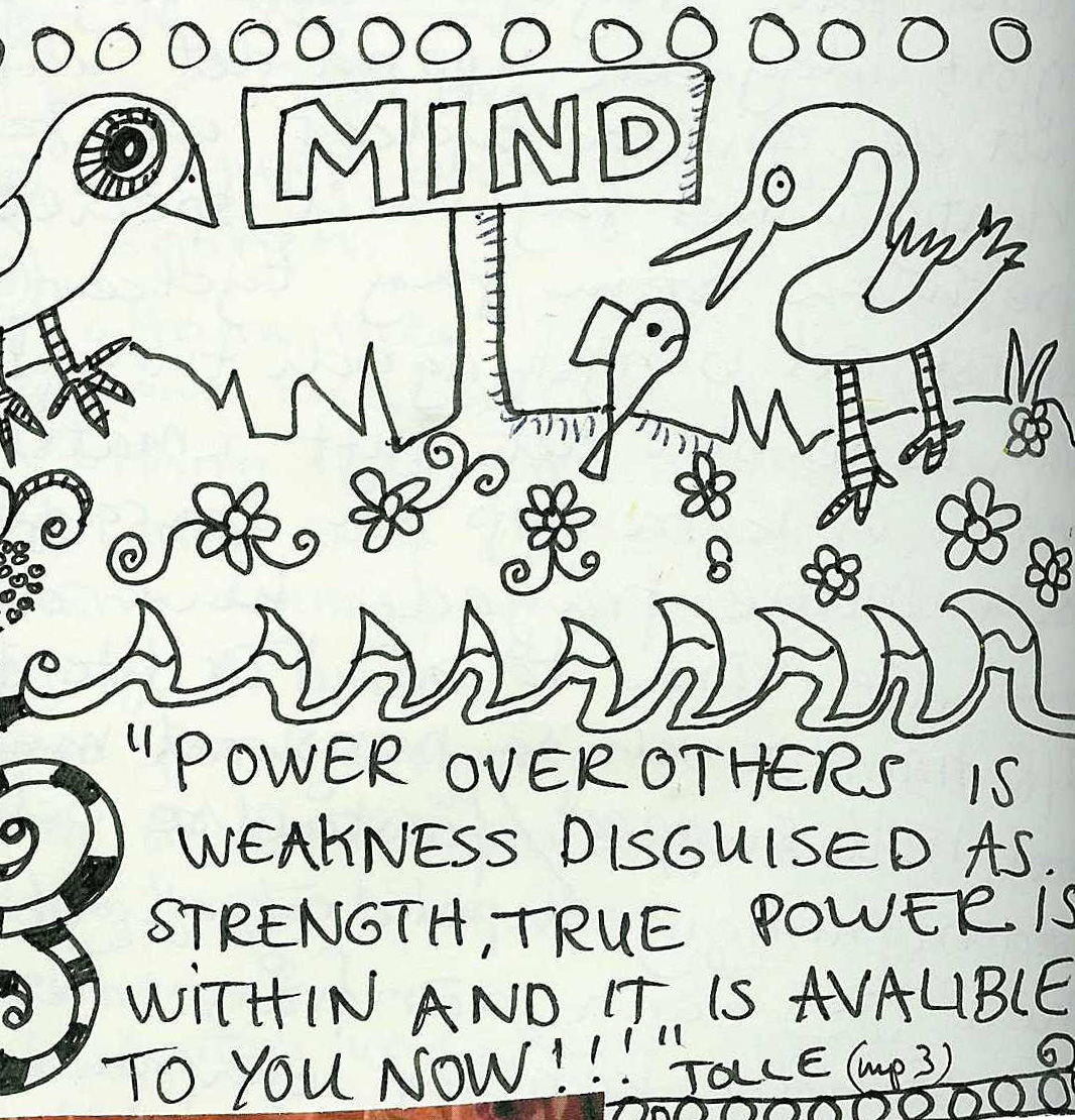 Mind diary doodle and the Tolle quote Power over others is weakness disguised as strength, true power is within and it is available to you now (doodle by iHanna, copyright Hanna Andersson)