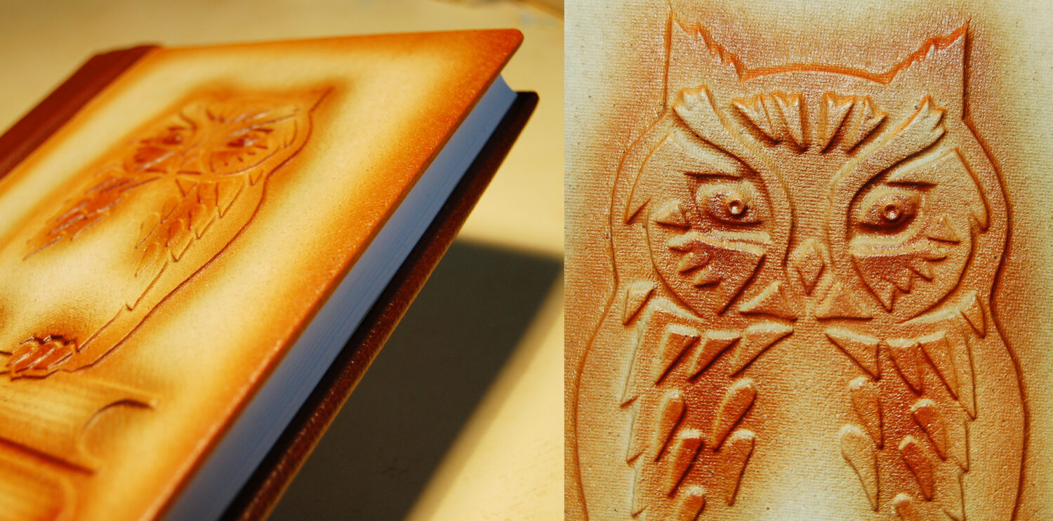 Leather covered Owl Journal close up