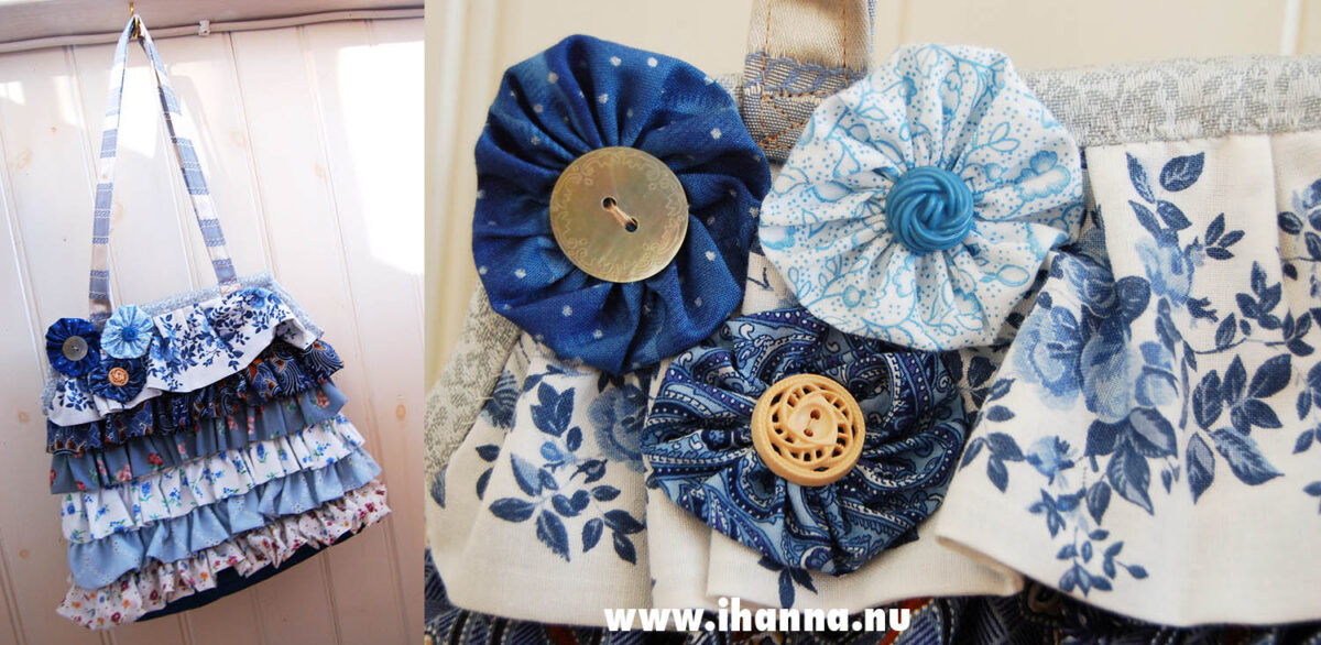 Ruffled delight by mom (copyright Hanna Andersson) Moms blue ruffled bag sewn from a pattern inside the book Pretty Little purses & pouches - Photo copyright Hanna Andersson