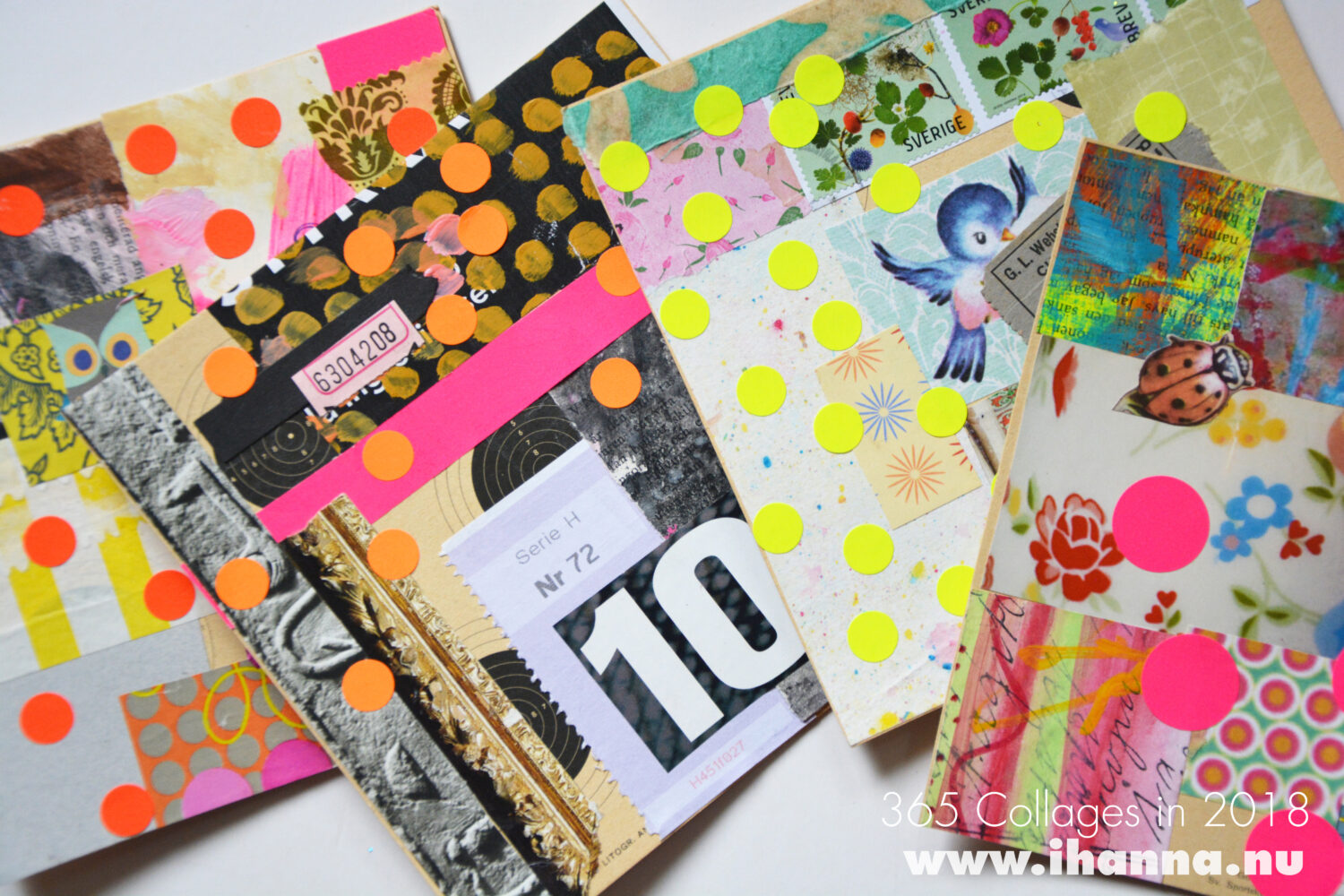 Collages layed out with the neon dots impossible to scan (Copyright Hanna Andersson)