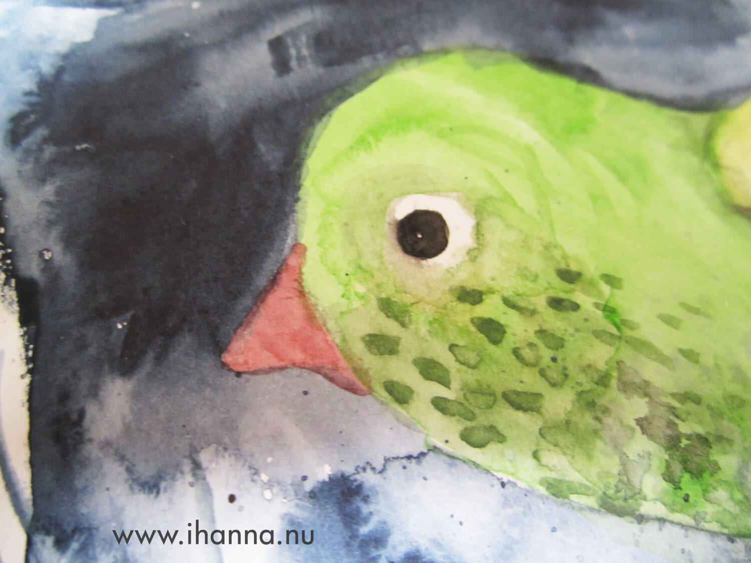 Detail of Green bird in watercolour painted by iHanna, in hand bound Art Journal (Copyright Hanna Andersson)