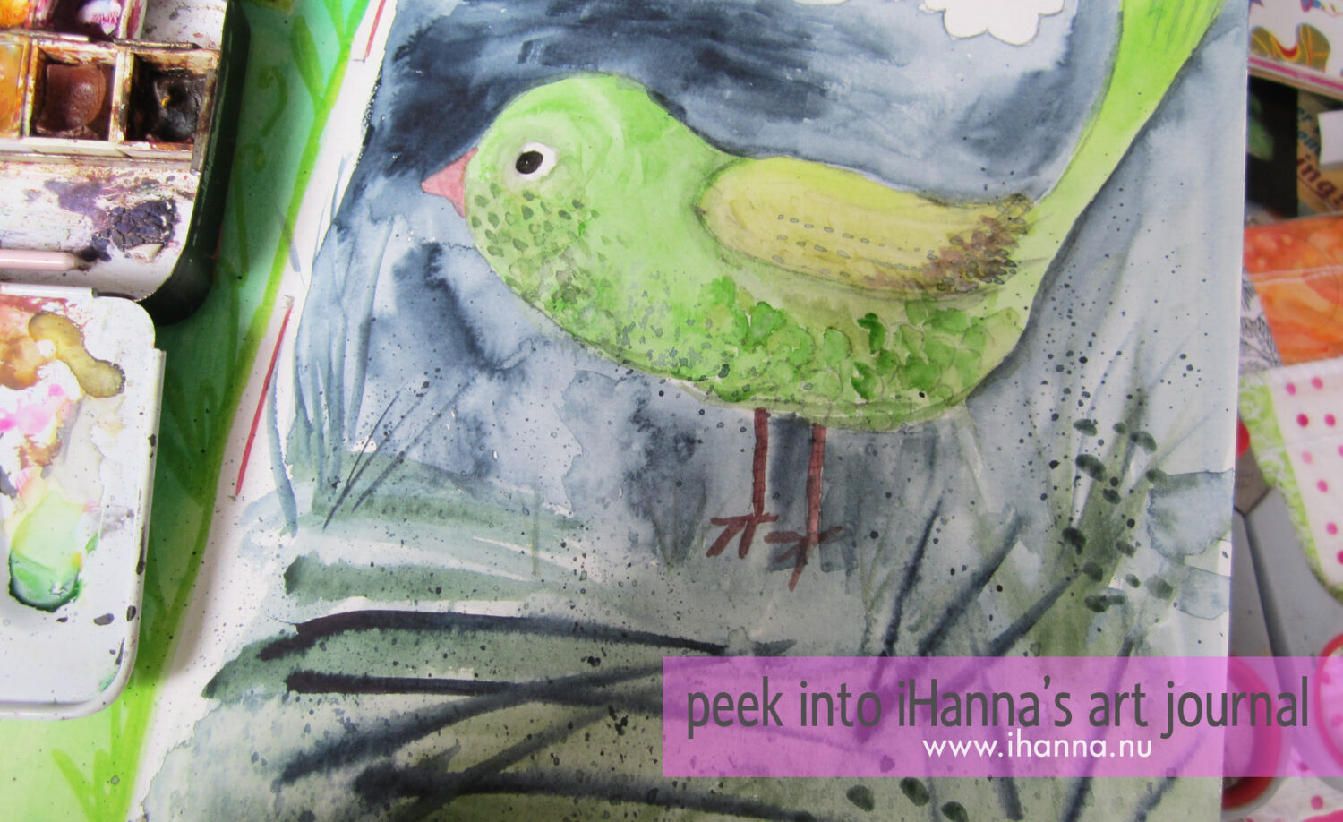Green bird in watercolour in iHannas Art Journal (Copyright Hanna Andersson)