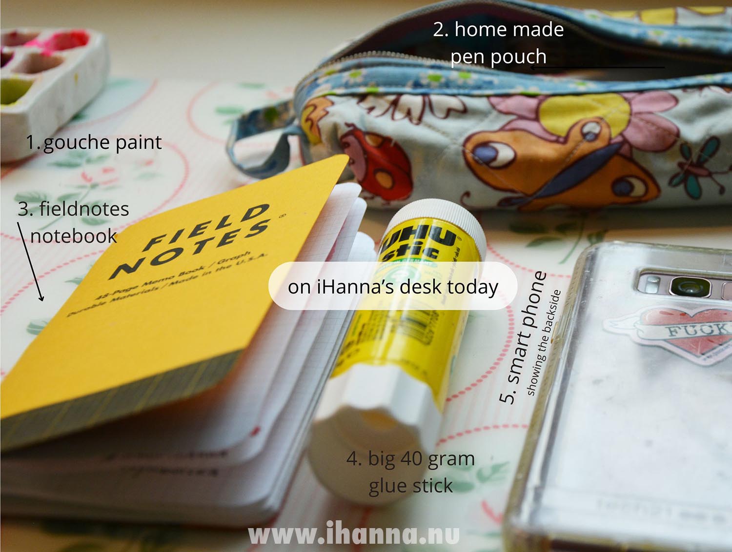 WOYWW on iHannas desk Fieldnotes notebook, gluestick and phone as always (Photo copyright Hanna Andersson)