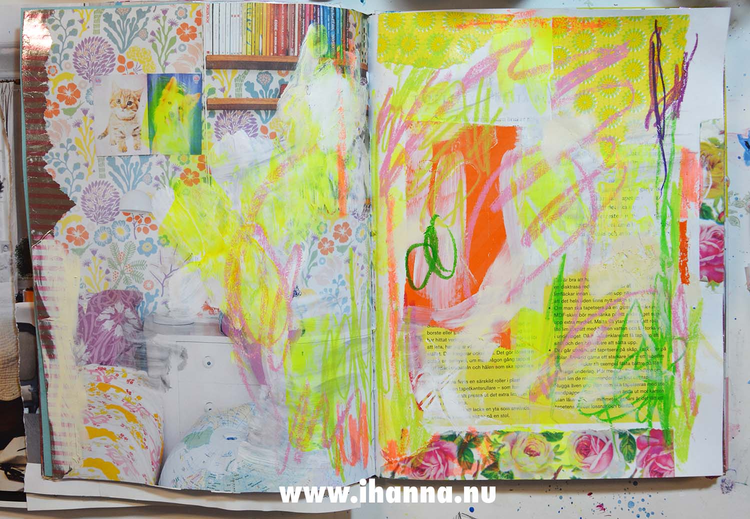 Prepped neon yellow page with crayon doodles in altered book by iHanna (Photo copyright Hanna Andersson)