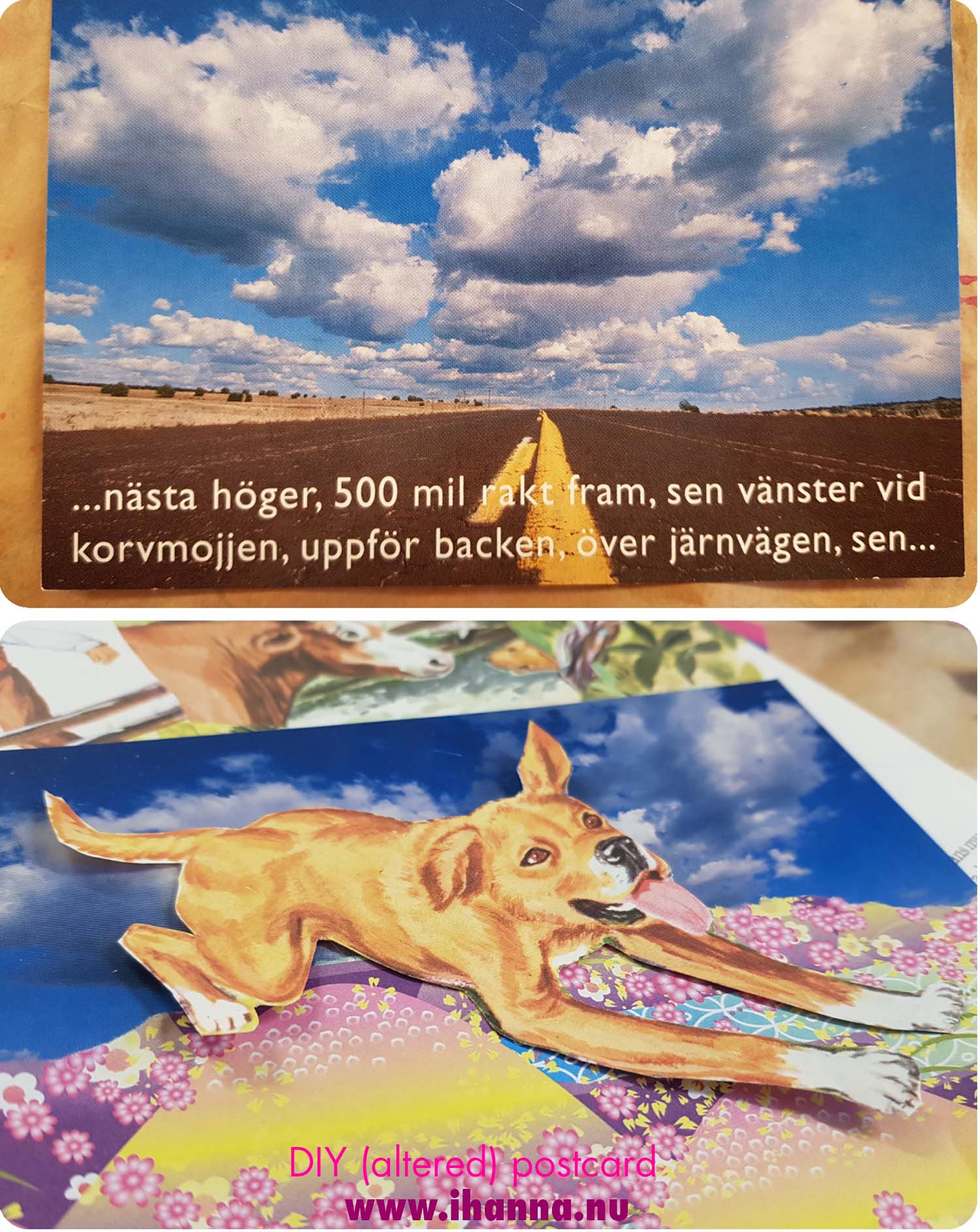 Before and after Free printed postcard that I will never send as it is and how I am altering it